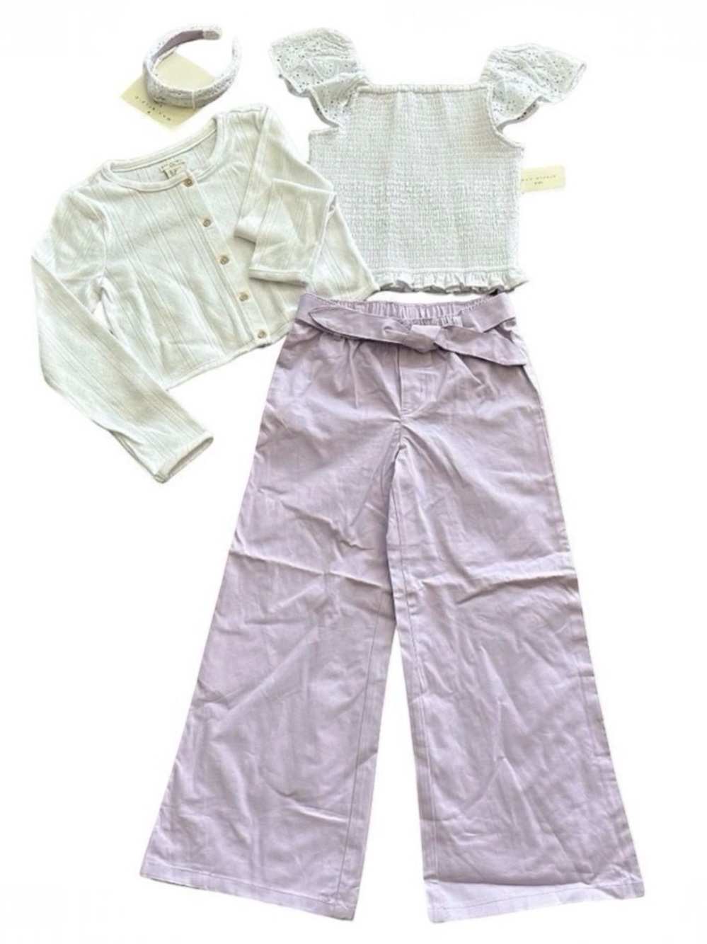 Max Studio Kids Girls 4-Pc Eyelet Top Cardigan Wide Leg Pants Set Size 7/8